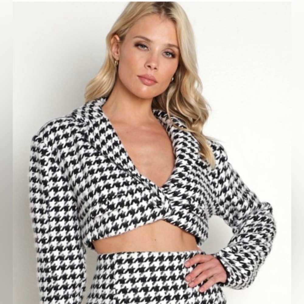 For Love And Lemons Black White Bonnie Cropped Houndstooth Blazer GUC M #1917